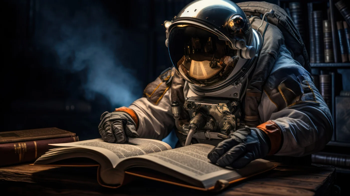 An astronaut reading a book while floating in space.