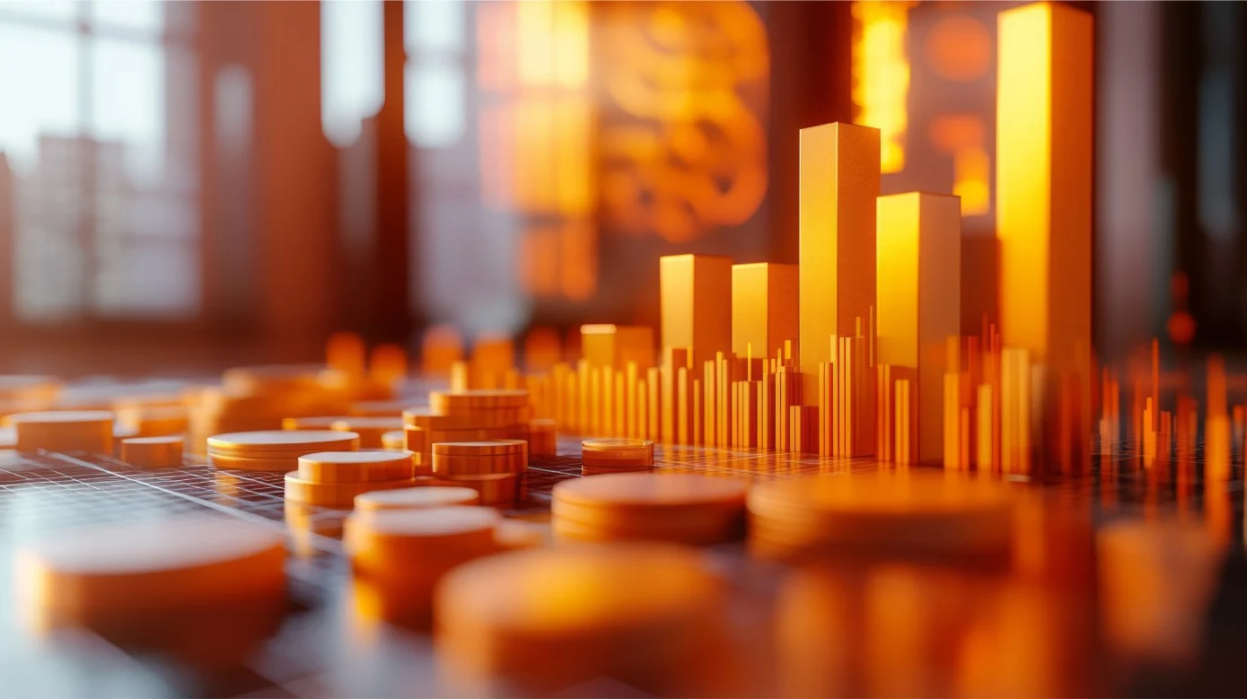 A digital representation of financial data with bar graphs and coins.