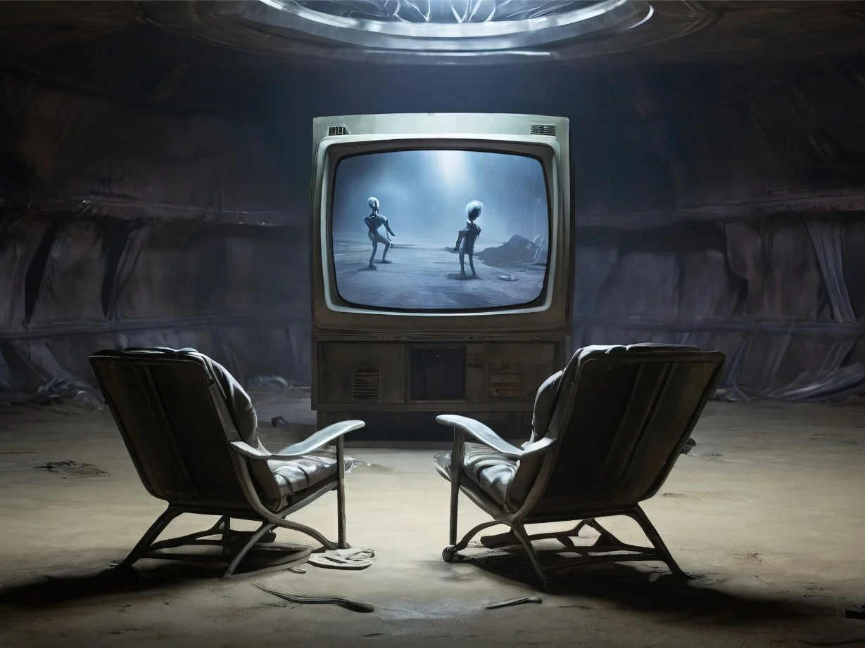A quiet room with two chairs facing a large wall-mounted screen.