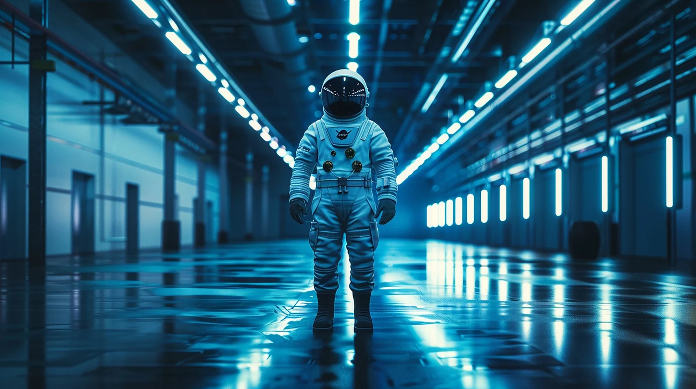 An astronaut standing alone in a bare, softly lit room.