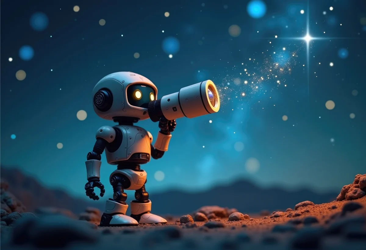 A white robot looking up through a telescope at a star-filled night sky.