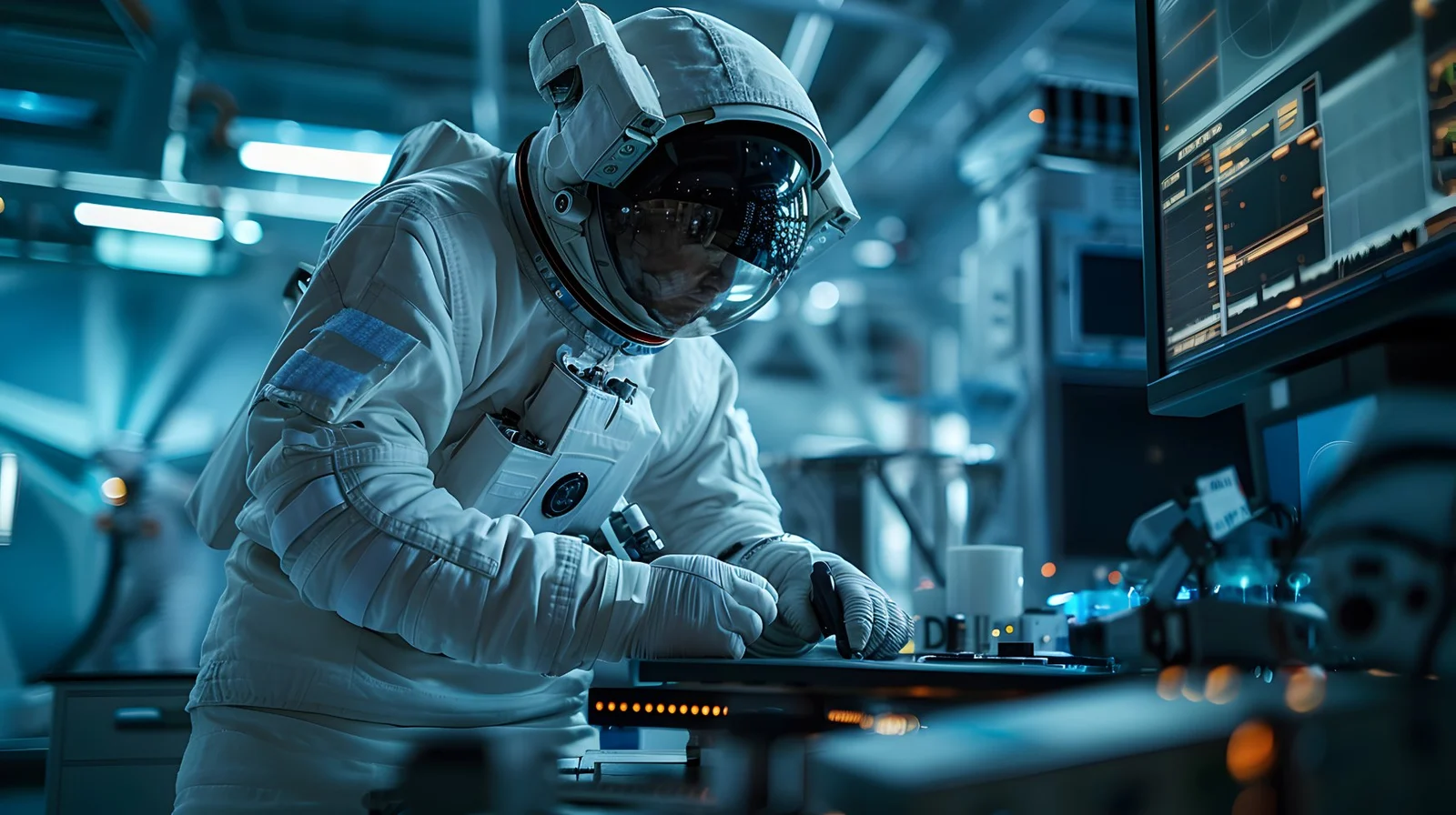 Technicians performing diagnostics and maintenance on a spacecraft.